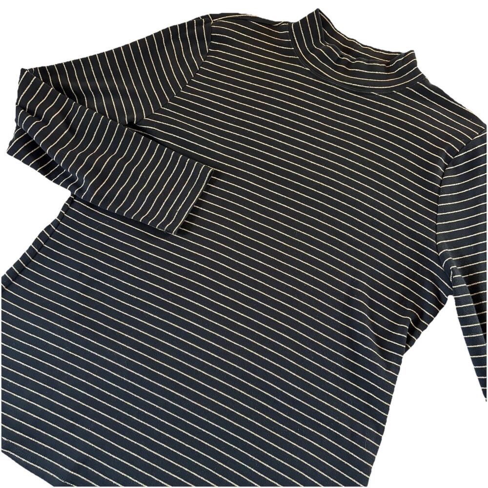 Charter Club Women's XL Black with Gold Pinstripes Long Sleeve Mock Neck Shirt